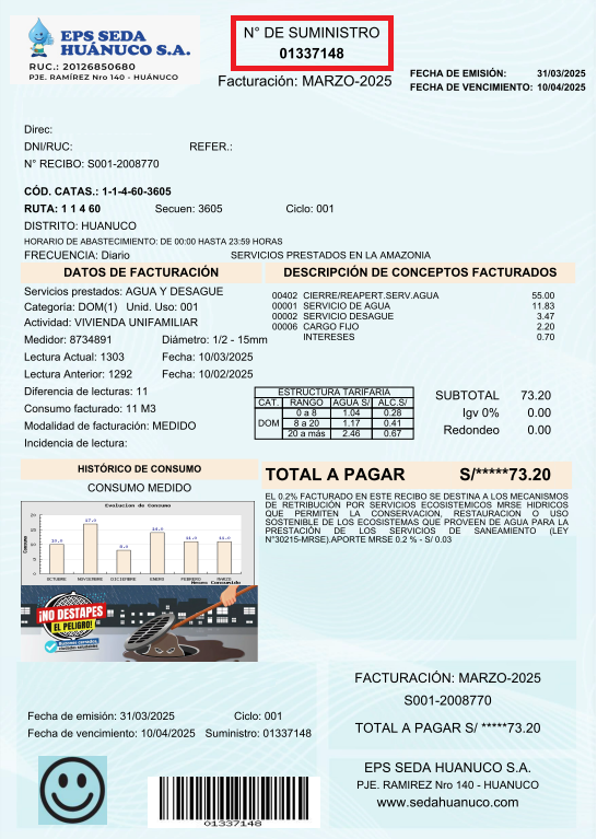 Ejemplo de número de suministro